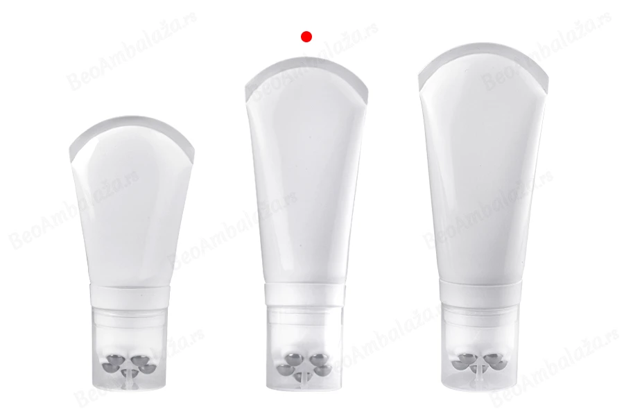 Plastična bela tubica 150mL sa metalnim roll on kuglicama i providnim zatvaračem-grupa_slika