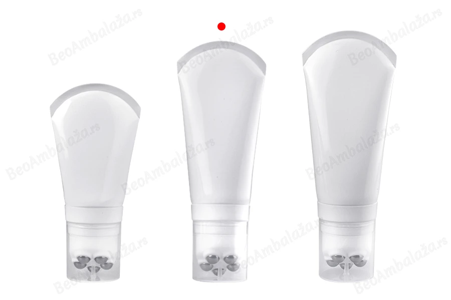 Plastična bela tubica 150mL sa metalnim roll on kuglicama i providnim zatvaračem-grupa_slika
