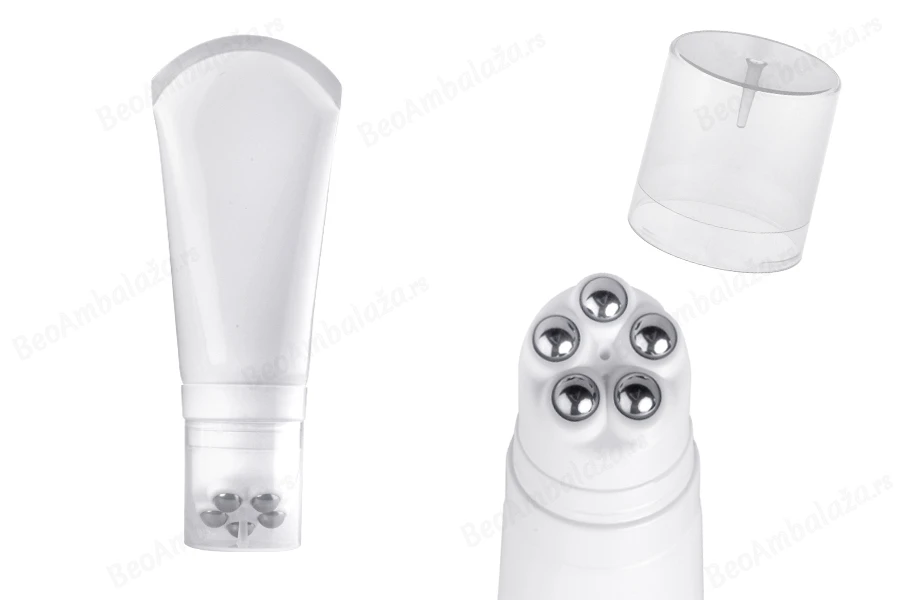 Plastična bela tubica 150mL sa metalnim roll on kuglicama i providnim zatvaračem-slika_proizvoda