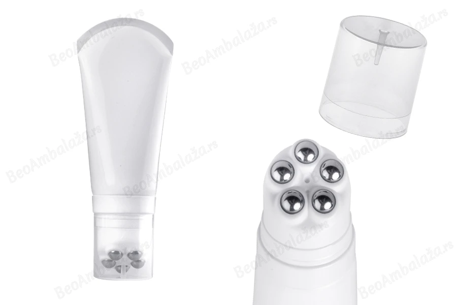Plastična bela tubica 150mL sa metalnim roll on kuglicama i providnim zatvaračem-slika_proizvoda