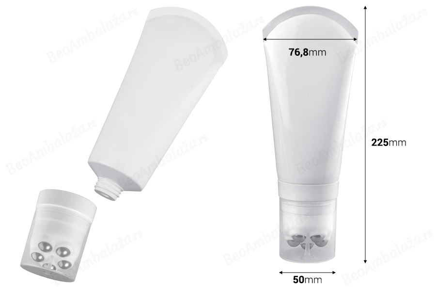 Plastična bela tubica 200mL sa metalnim roll on kuglicama i providnim zatvaračem-dimenzije_slike