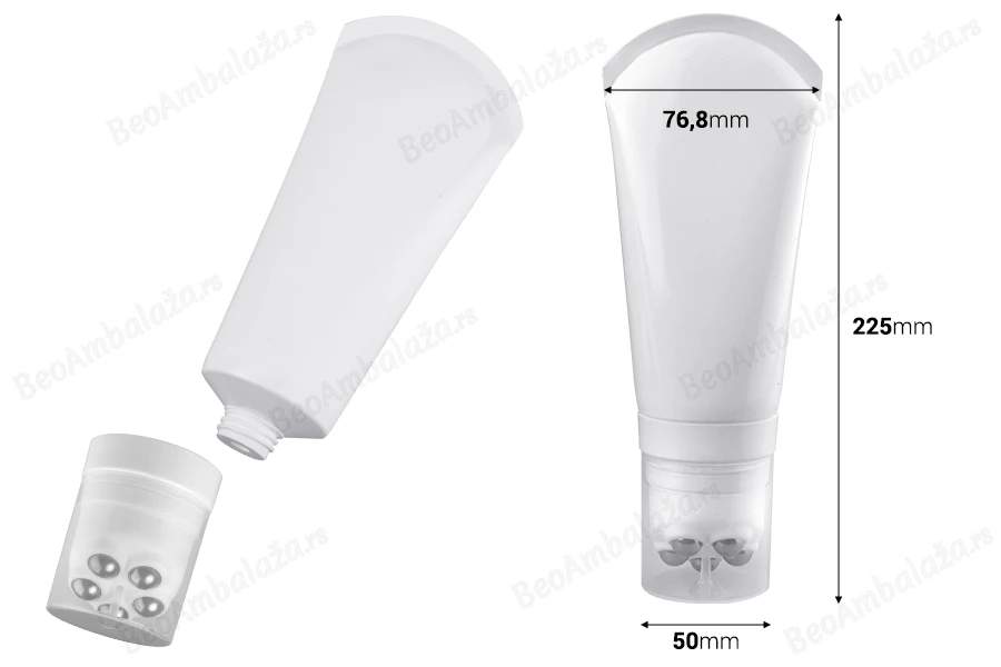 Plastična bela tubica 200mL sa metalnim roll on kuglicama i providnim zatvaračem-dimenzije_slike