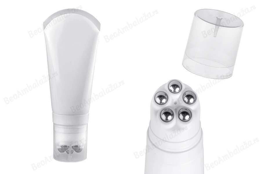 Plastična bela tubica 200mL sa metalnim roll on kuglicama i providnim zatvaračem-slika_proizvoda