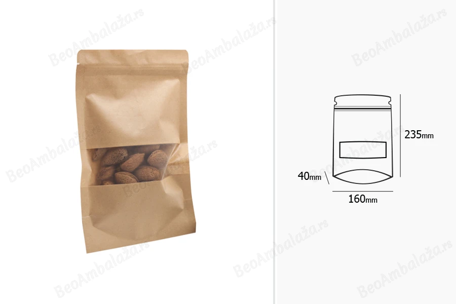 Kraft DoyPack 160x40x235mm kesice sa zipom , prozorom i  i ovalnim dnom- 100kom-grupa_slika