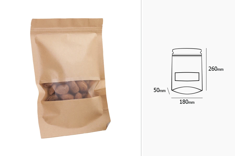 Kraft DoyPack 180x50x260mm kesice sa zip zatvaranjem i prozorom, unutrašnjom i spoljašnjom providnom oblogom, ovalnim dnom i sa mogućnošću termo zatvaranja – 100kom-grupa_slika