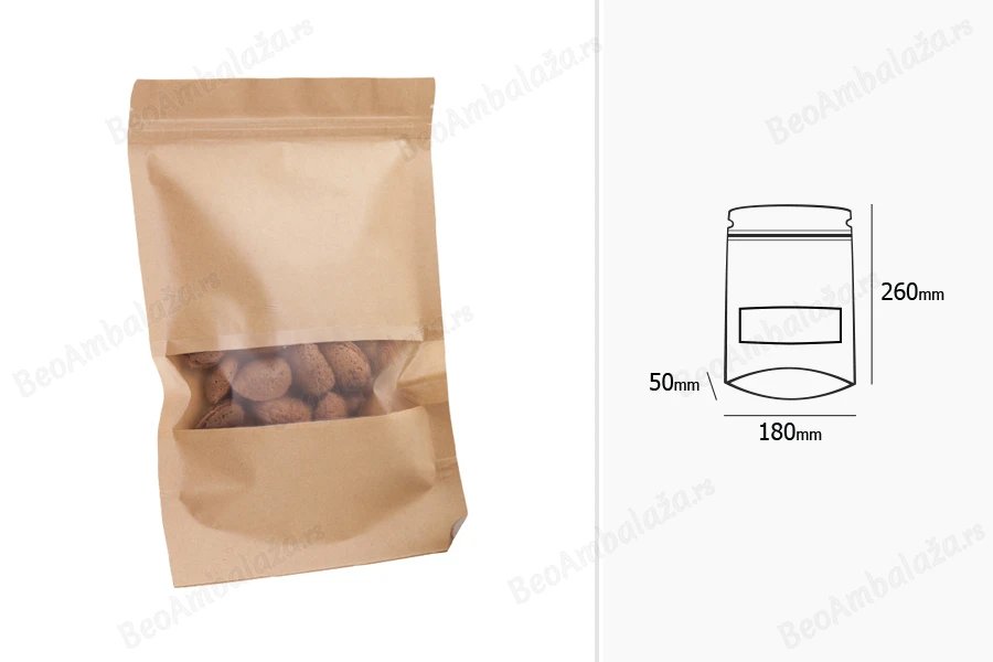 Kraft DoyPack 180x50x260mm kesice sa zip zatvaranjem i prozorom, unutrašnjom i spoljašnjom providnom oblogom, ovalnim dnom i sa mogućnošću termo zatvaranja – 100kom-grupa_slika