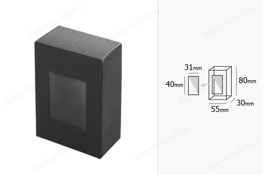 Crna kartonska kutija 55x30x80mm sa prozorom - 50 kom-dimenzije_slike