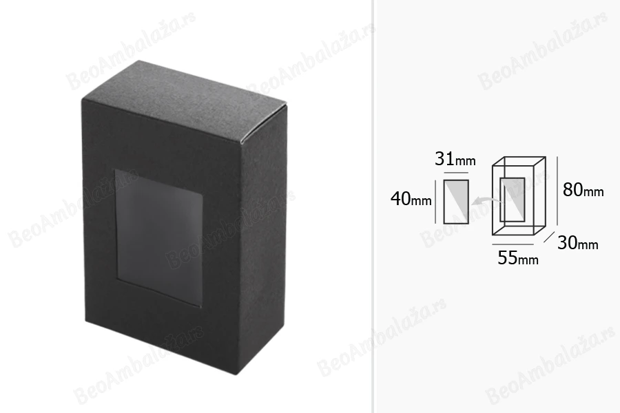 Crna kartonska kutija 55x30x80mm sa prozorom - 50 kom-dimenzije_slike