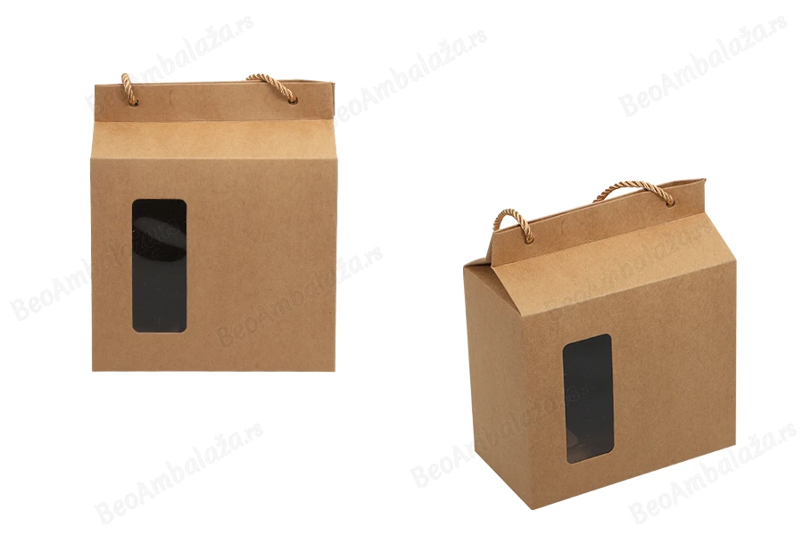 Kutija - paket za pakovanje 180x100x210mm od Kraft papira sa prozorom i ručkom od kanapa - 20 kom-slika_proizvoda