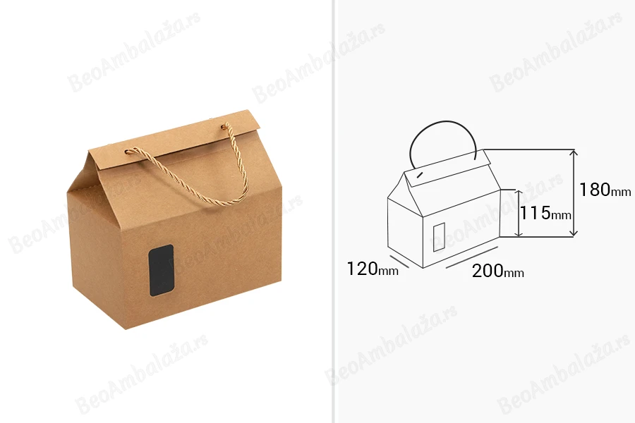 Kutija - paket za pakovanje 200x120x180mm od Kraft papira sa prozorom i ručkom od kanapa - 20 kom-dimenzije_slike