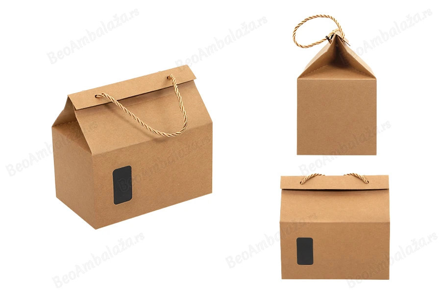 Kutija - paket za pakovanje 200x120x180mm od Kraft papira sa prozorom i ručkom od kanapa - 20 kom-grupa_slika