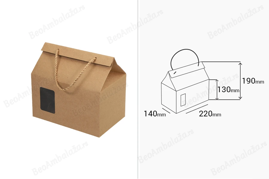 Kutija - paket za pakovanje 220x140x190mm od Kraft papira sa prozorom i ručkom od kanapa - 20 kom-dimenzije_slike