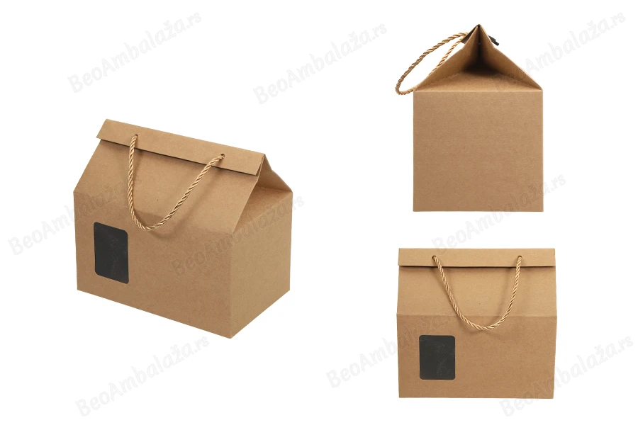 Kutija - paket za pakovanje 220x140x190mm od Kraft papira sa prozorom i ručkom od kanapa - 20 kom-grupa_slika