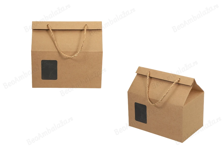 Kutija - paket za pakovanje 220x140x190mm od Kraft papira sa prozorom i ručkom od kanapa - 20 kom-slika_proizvoda