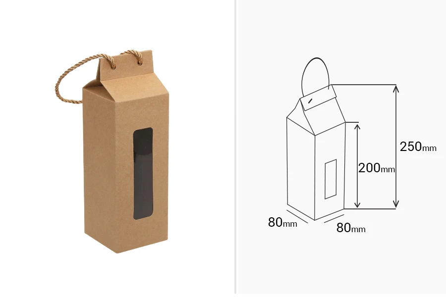 Kutija - paket za pakovanje 80x80x250mm od Kraft papira sa prozorom i ručkom od kanapa - 20 kom-dimenzije_slike