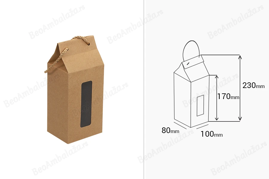 Kutija - paket za pakovanje 100x80x230mm od Kraft papira sa prozorom i ručkom od kanapa - 20 kom-dimenzije_slike