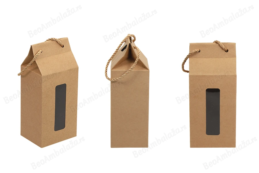 Kutija - paket za pakovanje 100x80x230mm od Kraft papira sa prozorom i ručkom od kanapa - 20 kom-grupa_slika