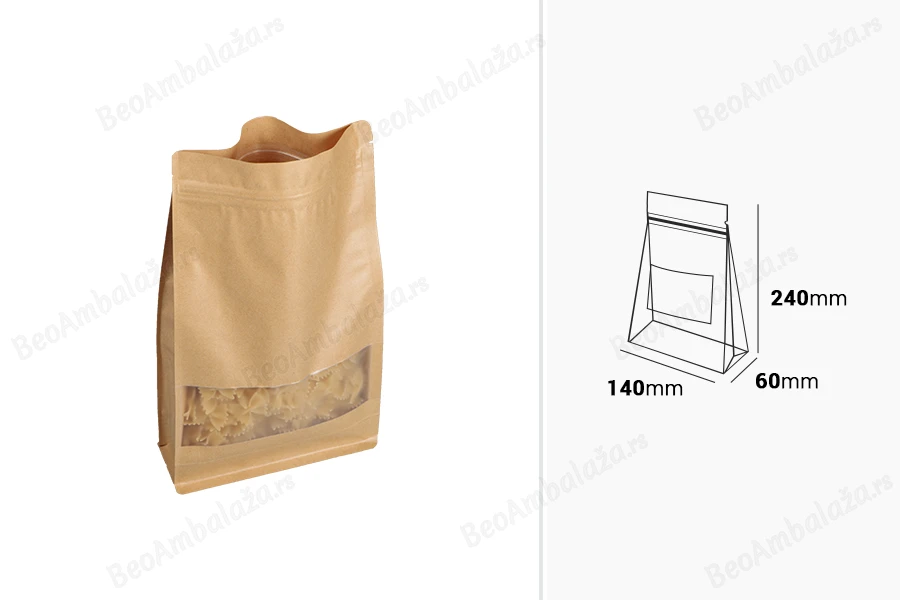Kraft DoyPack kesice 140x60x240 mm sa zip zatvaranjem, prozorom, unutrašnjom i spoljašnjom providnom oblogom i mogućnošću termo zatvaranja  - 50 kom-dimenzije_slike
