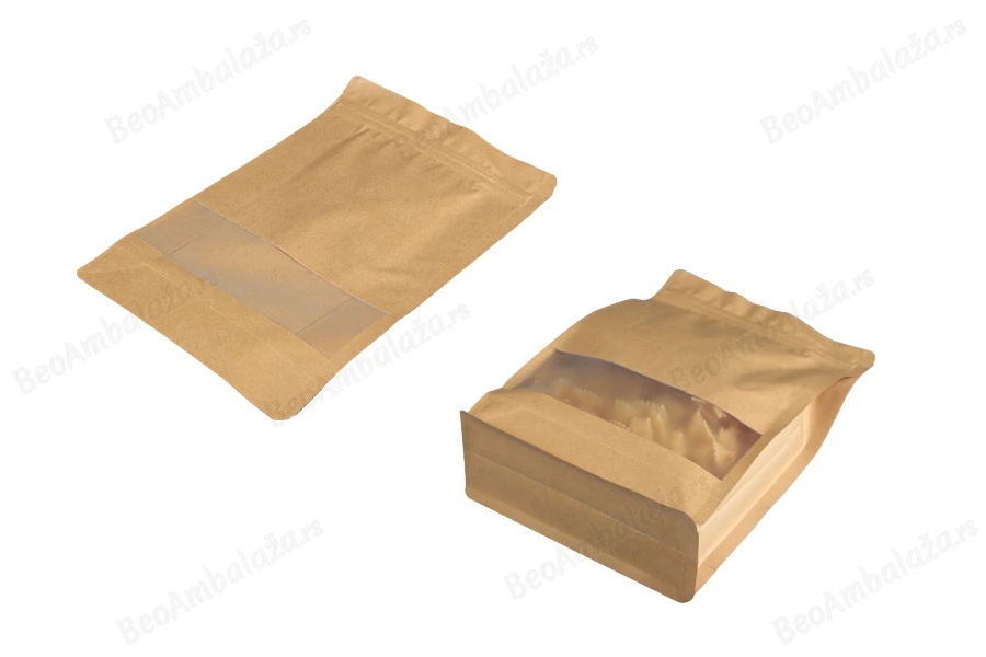 Kraft DoyPack kesice 140x60x240 mm sa zip zatvaranjem, prozorom, unutrašnjom i spoljašnjom providnom oblogom i mogućnošću termo zatvaranja  - 50 kom-grupa_slika