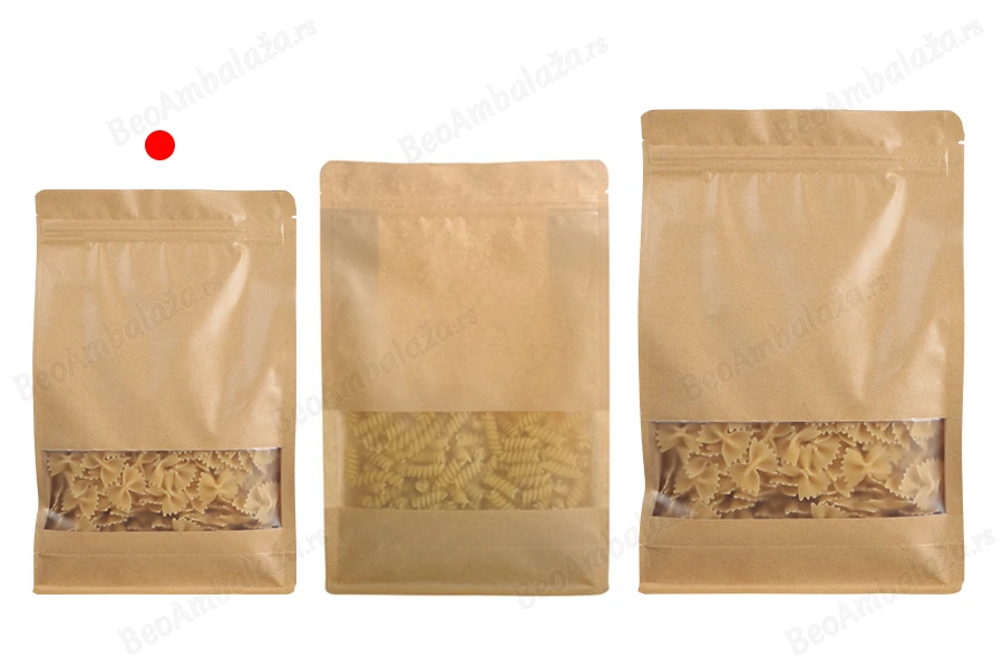 Kraft DoyPack kesice 140x60x240 mm sa zip zatvaranjem, prozorom, unutrašnjom i spoljašnjom providnom oblogom i mogućnošću termo zatvaranja  - 50 kom-