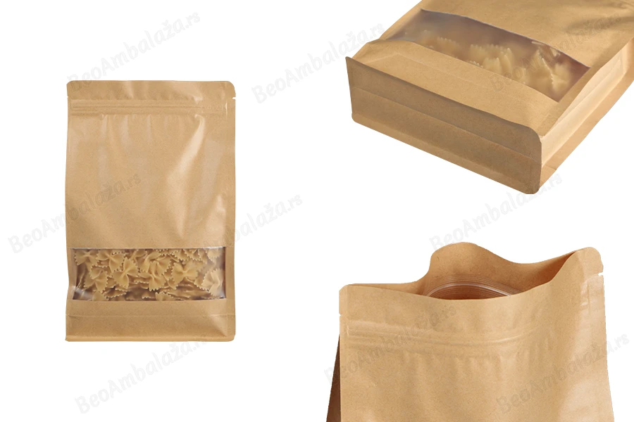 Kraft DoyPack kesice 140x60x240 mm sa zip zatvaranjem, prozorom, unutrašnjom i spoljašnjom providnom oblogom i mogućnošću termo zatvaranja  - 50 kom-slika_proizvoda
