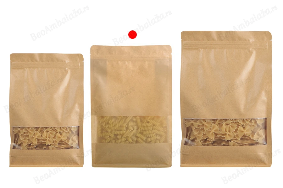 Kraft DoyPack kesice 180x80x280 mm sa zip zatvaranjem, prozorom, unutrašnjom i spoljašnjom providnom oblogom i mogućnošću termo zatvaranja  - 50 kom-grupa_slika