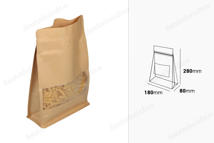 Kraft DoyPack kesice 180x80x280 mm sa zip zatvaranjem, prozorom, unutrašnjom i spoljašnjom providnom oblogom i mogućnošću termo zatvaranja  - 50 kom-dimenzije_slike