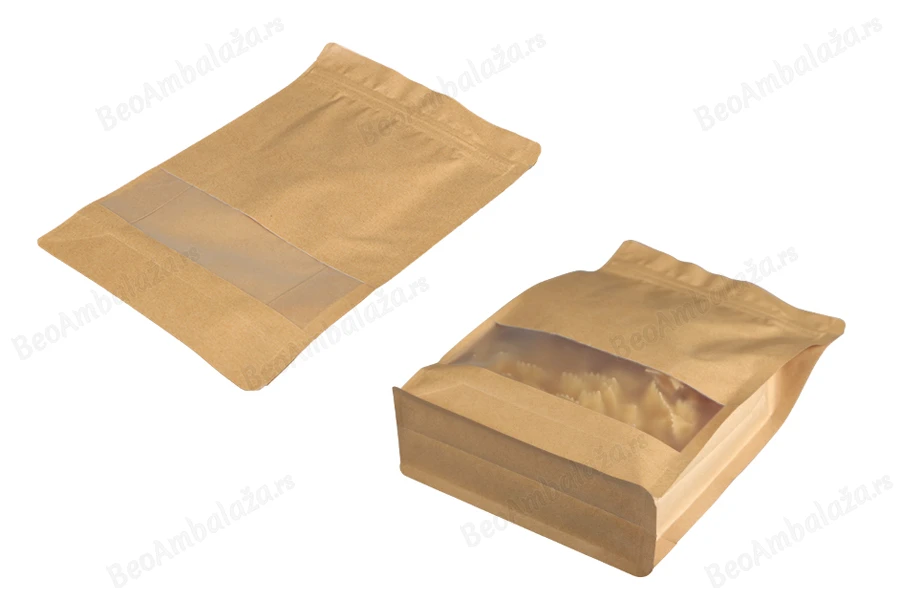 Kraft DoyPack kesice 180x80x280 mm sa zip zatvaranjem, prozorom, unutrašnjom i spoljašnjom providnom oblogom i mogućnošću termo zatvaranja  - 50 kom-