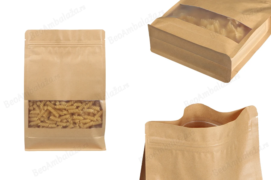 Kraft DoyPack kesice 180x80x280 mm sa zip zatvaranjem, prozorom, unutrašnjom i spoljašnjom providnom oblogom i mogućnošću termo zatvaranja  - 50 kom-slika_proizvoda