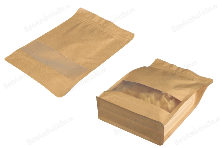 Kraft DoyPack kesice 200x80x300 mm sa zip zatvaranjem, prozorom, unutrašnjom i spoljašnjom providnom oblogom i mogućnošću termo zatvaranja  - 50 kom-grupa_slika