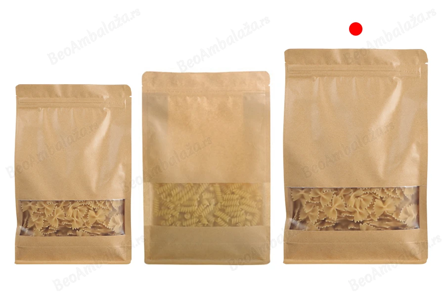 Kraft DoyPack kesice 200x80x300 mm sa zip zatvaranjem, prozorom, unutrašnjom i spoljašnjom providnom oblogom i mogućnošću termo zatvaranja  - 50 kom-