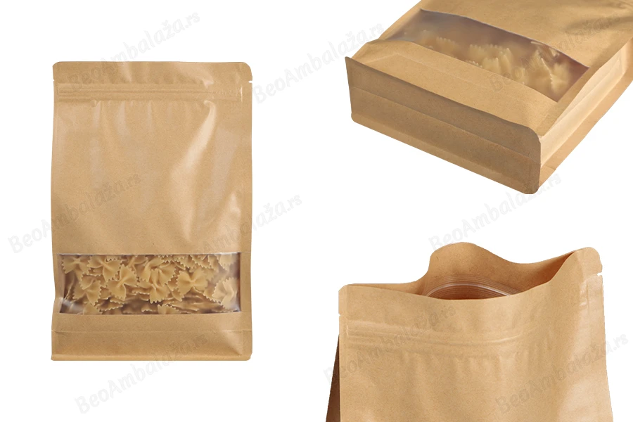Kraft DoyPack kesice 200x80x300 mm sa zip zatvaranjem, prozorom, unutrašnjom i spoljašnjom providnom oblogom i mogućnošću termo zatvaranja  - 50 kom-slika_proizvoda