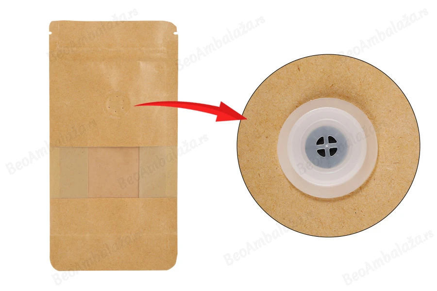 Kraft Doy Pack kesice sa "zip" zatvaranjem 100x60x200 mm, ventilom, prozorom, unutrašnjom i spoljašnjom providnom oblogom i mogućnost termo zatvaranja  - 25 kom-grupa_slika