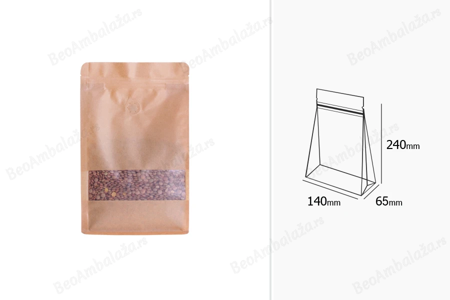 Kraft DoyPack kesice sa zip zatvaranjem 140x65x240 mm, ventilom, prozorom, unutrašnjom i spoljašnjom providnom oblogom i sa mogućnošću termo zatvaranja  - 50 komada-