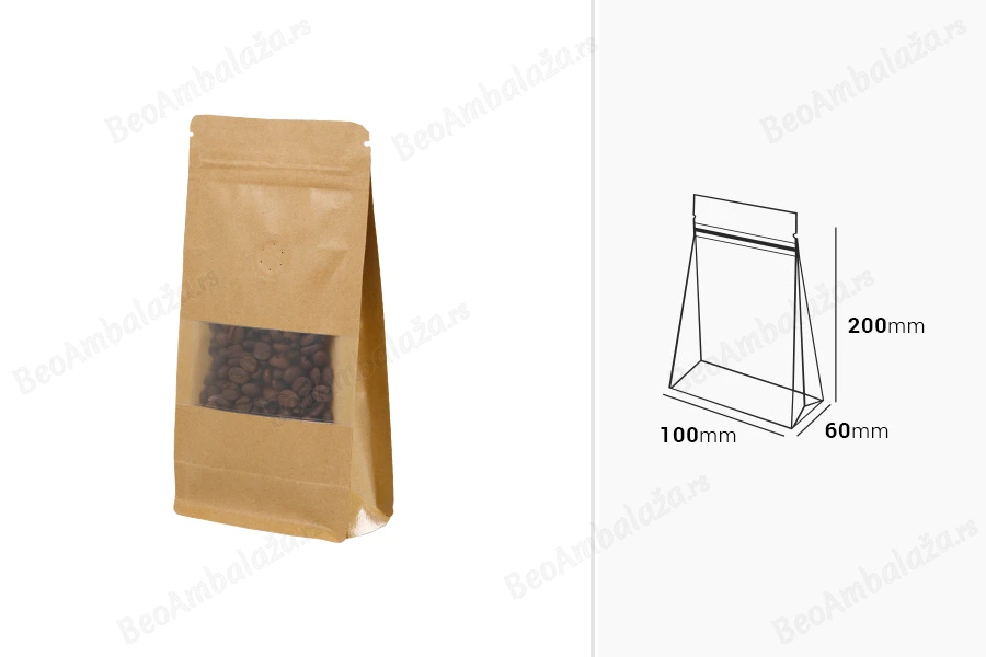 Kraft Doy Pack kesice sa "zip" zatvaranjem 100x60x200 mm, ventilom, prozorom, unutrašnjom i spoljašnjom providnom oblogom i mogućnost termo zatvaranja  - 25 kom-dimenzije_slike