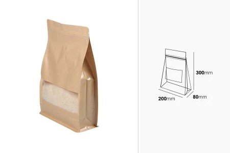 Kraft DoyPack kesice sa "zip" zatvaranjem, ventilom, prozorom, unutrašnjom i spoljašnom providnom oblogom i sa mogućnošću termo zatvaranja 200x80x300 mm - 50 kom-2