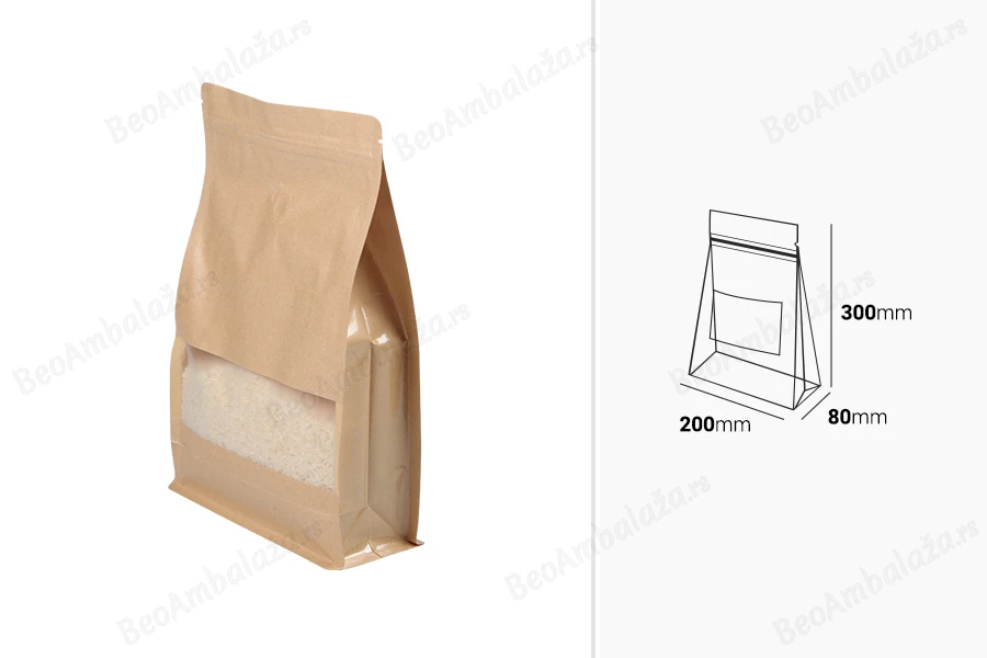 Kraft DoyPack kesice sa "zip" zatvaranjem 200x80x300 mm, ventilom, prozorom, unutrašnjom i spoljašnom providnom oblogom i sa mogućnošću termo zatvaranja  - 50 kom-dimenzije_slike