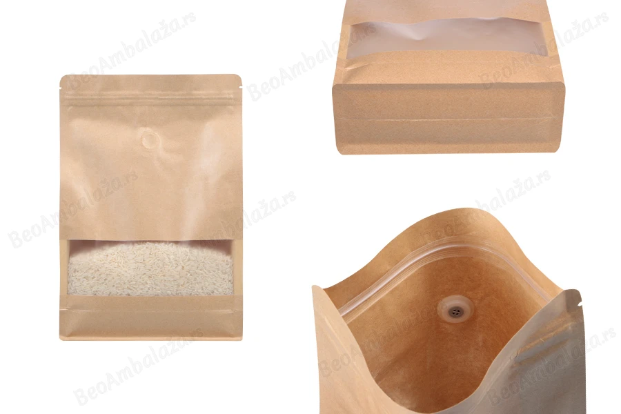 Kraft DoyPack kesice sa "zip" zatvaranjem 200x80x300 mm, ventilom, prozorom, unutrašnjom i spoljašnom providnom oblogom i sa mogućnošću termo zatvaranja  - 50 kom-slika_proizvoda