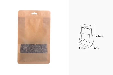 Kraft DoyPack kesice sa zip zatvaranjem, prozorom, Eurohole otvorom, unutrašnjom i spoljašnjom providnom oblogom i sa mogućnošću termo zatvaranja 140x60x240 mm - 50kom-2