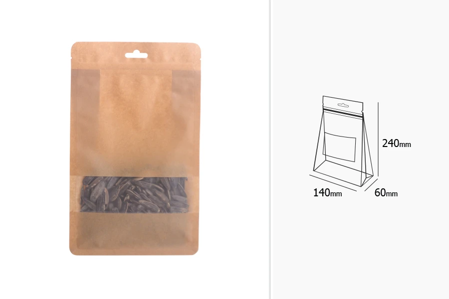 Kraft DoyPack kesice sa zip zatvaranjem, prozorom, Eurohole otvorom, unutrašnjom i spoljašnjom providnom oblogom i sa mogućnošću termo zatvaranja 140x60x240 mm - 50kom-dimenzije_slike