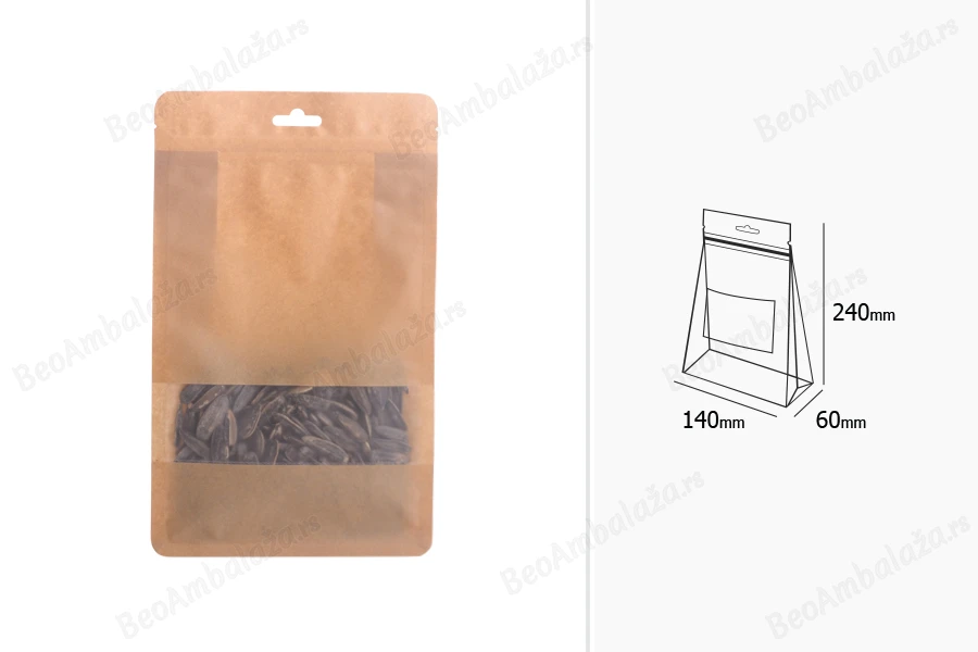 Kraft DoyPack kesice sa zip zatvaranjem, prozorom, Eurohole otvorom, unutrašnjom i spoljašnjom providnom oblogom i sa mogućnošću termo zatvaranja 140x60x240 mm - 50kom-dimenzije_slike