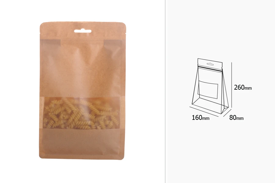 Kraft DoyPack kesice sa zip zatvaranjem, prozorom, Eurohole otvorom, unutrašnjom i spoljašnjom providnom oblogom i sa mogućnošću termo zatvaranja 160x80x260mm - 50kom