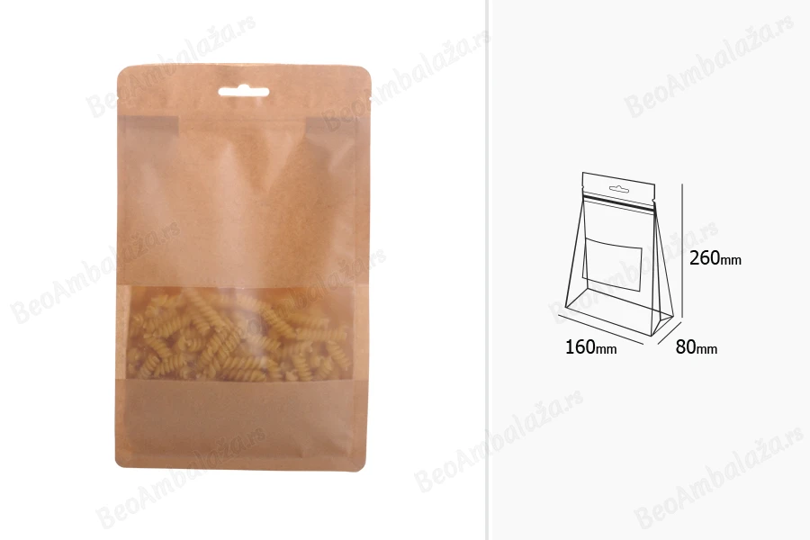 Kraft DoyPack kesice sa zip zatvaranjem, prozorom, Eurohole otvorom, unutrašnjom i spoljašnjom providnom oblogom i sa mogućnošću termo zatvaranja 160x80x260mm - 50kom-dimenzije_slike