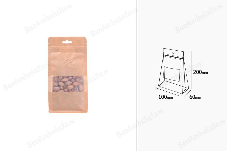 Kraft DoyPack kesice sa zip zatvaranjem, ventilom, prozorom, Eurohole otvorom, unutrašnjom i spoljašnjom providnom oblogom i sa mogućnošću termo zatvaranja 100x60x200 mm - 25kom-