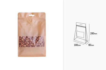Kraft DoyPack kesice sa zip zatvaranjem, ventilom, prozorom, Eurohole otvorom, unutrašnjom i spoljašnjom providnom oblogom i sa mogućnošću termo zatvaranja 180x80x280 mm - 25kom-3
