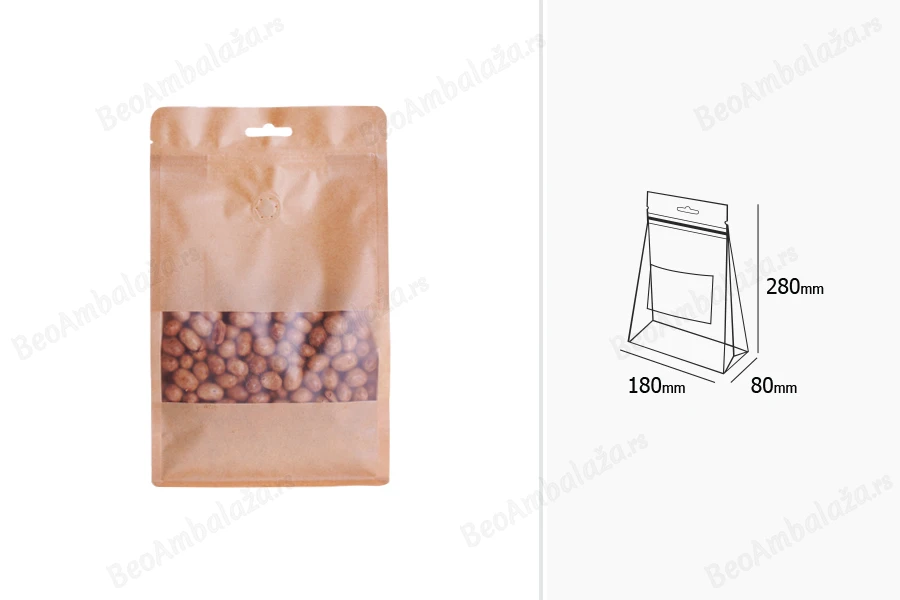 Kraft DoyPack kesice sa zip zatvaranjem, ventilom, prozorom, Eurohole otvorom, unutrašnjom i spoljašnjom providnom oblogom i sa mogućnošću termo zatvaranja 180x80x280 mm - 25kom-