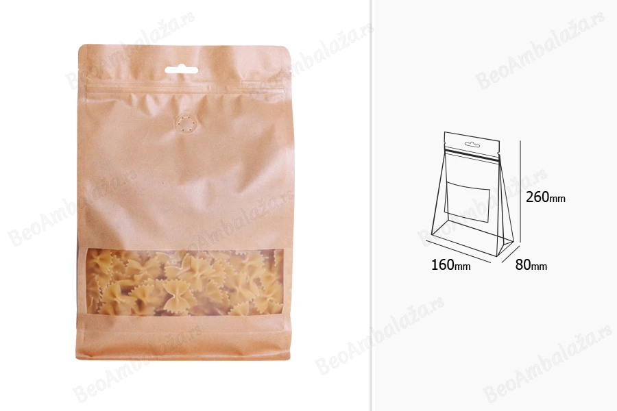 Kraft DoyPack kesice sa zip zatvaranjem, ventilom, prozorom, Eurohole otvorom, unutrašnjom i spoljašnjom providnom oblogom i sa mogućnošću termo zatvaranja 160x80x260mm   - 25kom-