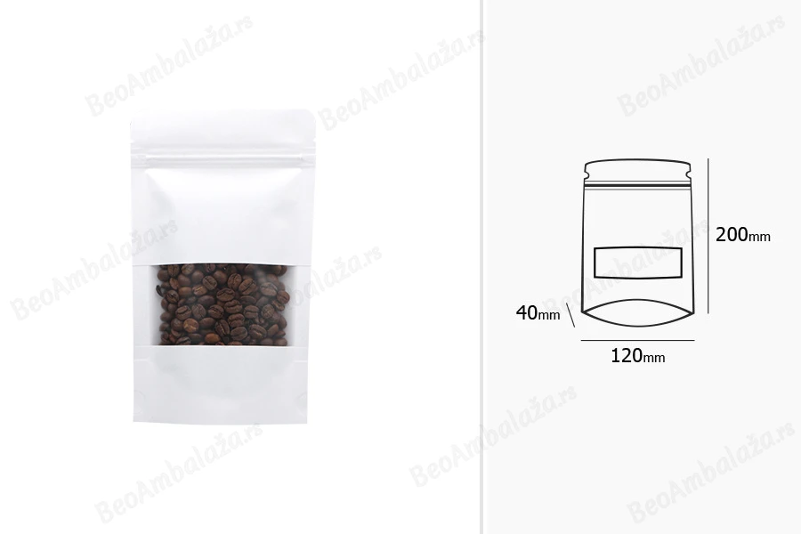 Kraft kese tipa DoyPack  120x40x200 mm, sa "zip" zatvaranjem, prozorom i sa mogućnošću termo lepljenja - 100 kom-dimenzije_slike