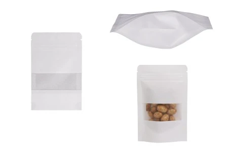 Kraft DoyPack kesice u beloj boji sa zip zatvaranjem, prozorom, ovalnim dnom i sa mogućnošću termo zatvaranja 90x30x140mm - 100kom-1