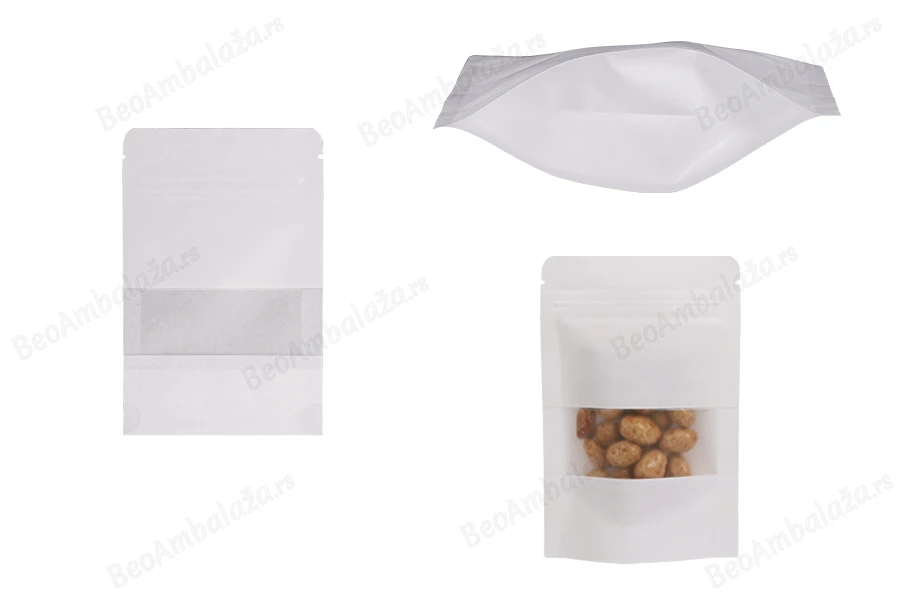 Kraft DoyPack  90x30x140mm kesice u beloj boji sa zip zatvaranjem, prozorom, ovalnim dnom i sa mogućnošću termo zatvaranja - 100kom-slika_proizvoda